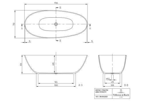Villeroy & Boch Antao szabadonálló fürdőkád 1700x750 mm Almond