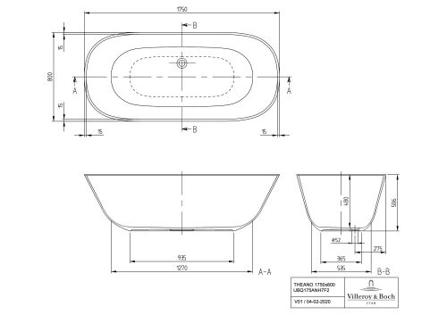 Villeroy & Boch Theano Szabadonálló Fürdőkád Quaryl  1750 x 800 mm