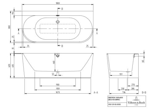 Villeroy & Boch Oberon 2.0 fal mellett álló fürdőkád Quaryl® panellel 1800 x 800 mm