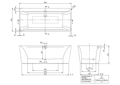 Villeroy & Boch Squaro Edge 12 Szabadonálló Fürdőkád Quaryl panellel 1800 x 800 mm